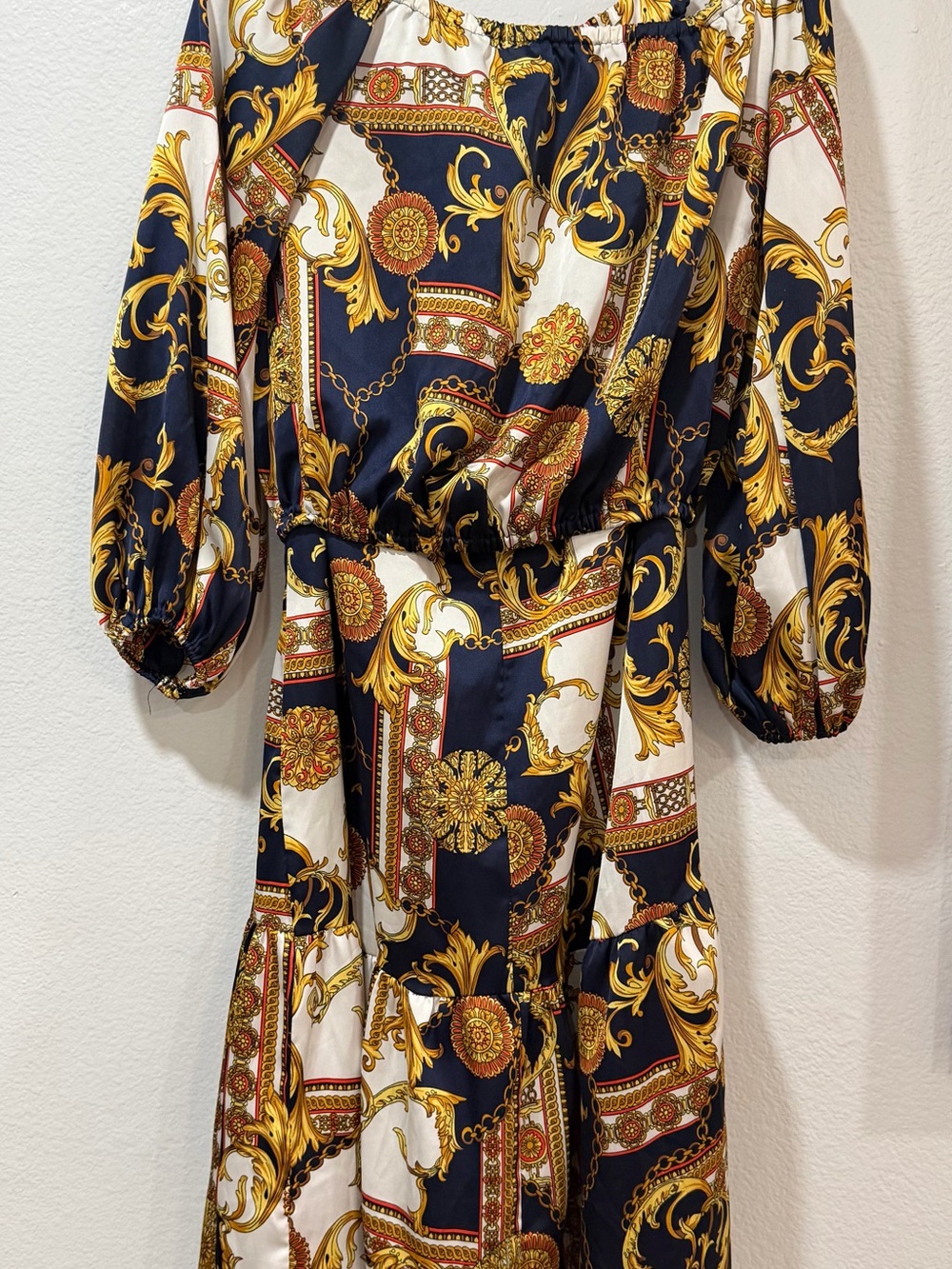 Navy & Gold Baroque Print Midi Dress